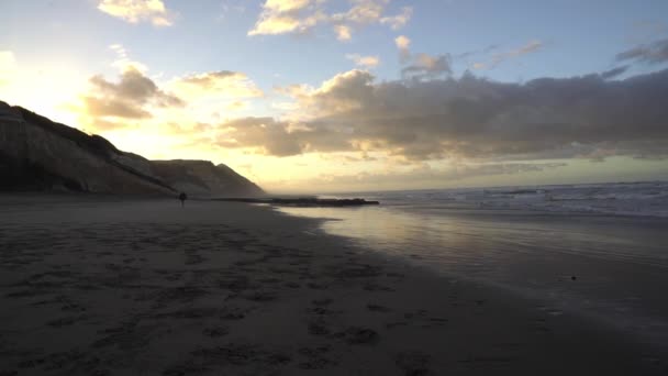 Široký Záběr Muže Kráčejícího Písčité Pláži Při Východu Slunce — Stock video