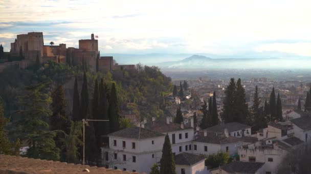 Bella Vista Panoramica Sul Tramonto Granada Con Alhambra Sullo Sfondo — Video Stock