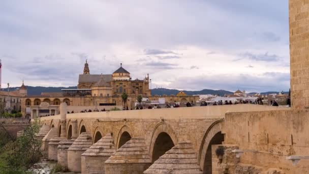 Zoom Time Lapse Many Tourists Walking Arched Bridge Cordoba Spain — Vídeo de Stock