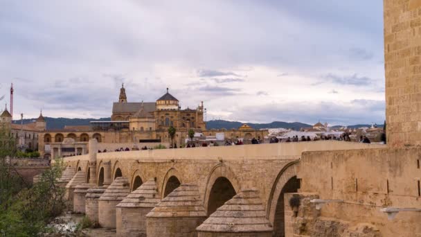 Kalabalık Crdoba Daki Roma Köprüsünden Geçiyor Arka Planda Mezquita Var — Stok video