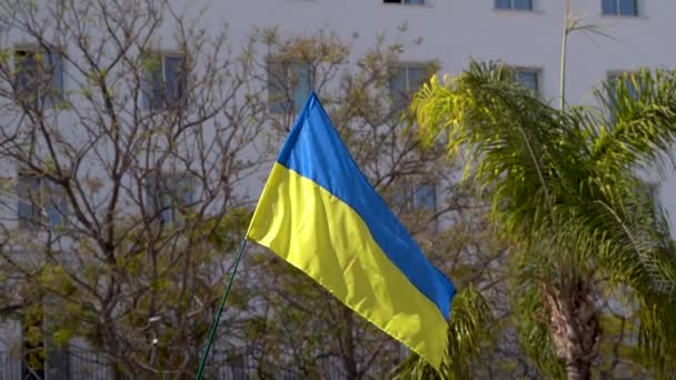 ロシア ウクライナ戦争抗議行動でのウクライナ国旗のスローモーション ビュー — ストック動画