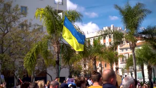 Ukrainian Flag Being Waved High Crowds Protests Malaga Spain Slow — Stock Video