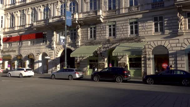 Berömda Butiker Centrala Wien Österrike Med Trafik — Stockvideo