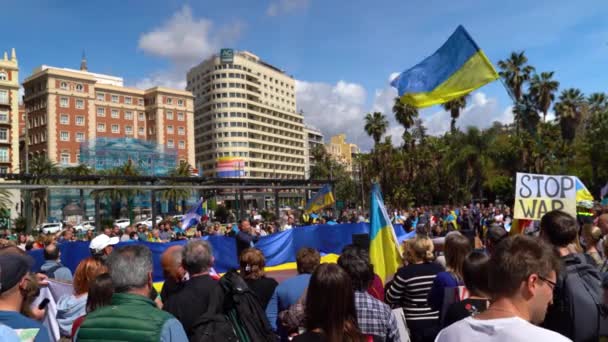 Широкий Открытый Вид Спикера Митинге Против Войны Украине Многими Флагами — стоковое видео