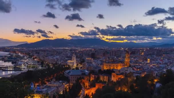 Fast Pan Sunset Time Lapse Malaga City Lit — Video