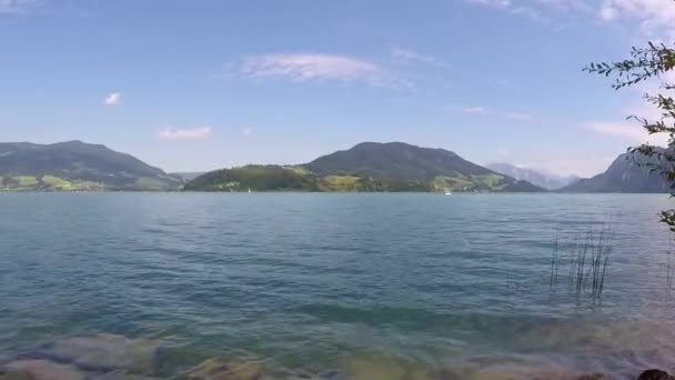 山に囲まれたオーストリアの信じられないほどの湖です葦を振って波状の水青い空を持つ晴れた日すべての優雅な夏の日 — ストック動画