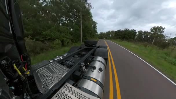 両側に森と曇りの空の下で田舎道を運転トラックの後方の視点 — ストック動画