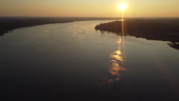 Aerial Fly Shining River Scheldt Golden Sunset Industrial Background — ストック動画