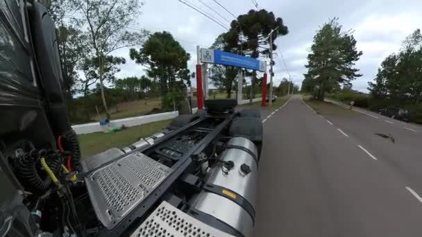 Rear View Perspective Truck Maneuvering Turn Country Road Cloudy Sky — Stock Video