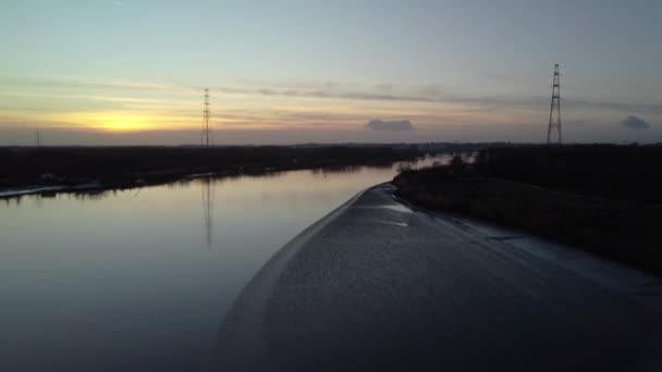 High Voltage Power Line Connecting River Scheldt Aerial Drone Ascend — Stock videók