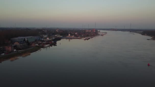 Small Coastal Town Harbor River Scheld Dusk Time Aerial View — Stockvideo