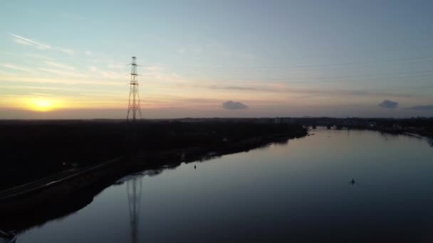 High Voltage Power Line Coastline River Scheldt Aerial View — ストック動画