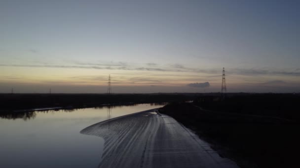 Electric Towers Silhouette River Scheldt Sunset Aerial View — Stock videók