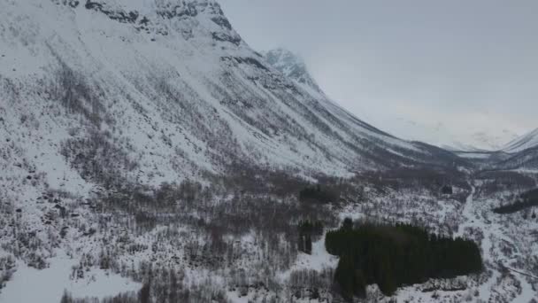 Aerial Drone Pull Back Olderdalen Valley Kaafiord Βόρεια Νορβηγία — Αρχείο Βίντεο