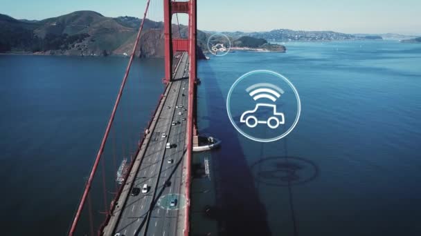Autonome Zelfrijdende Auto Golden Gate Bridge Digitaal Hud Overlay — Stockvideo