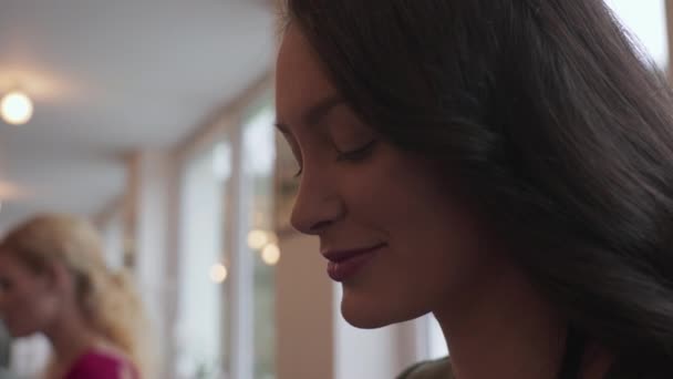 Süslü Restoranda Yiyen Güzel Bir Genç Kadının Profili Kapatın — Stok video