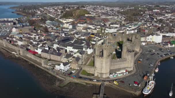 Una Vista Aérea Del Castillo Caernarfon Día Soleado Volando Izquierda — Vídeos de Stock