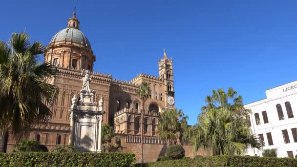 Catedral Palermo Cattedrale Palermo Com Torre Relógio Alto Com Statua — Vídeo de Stock