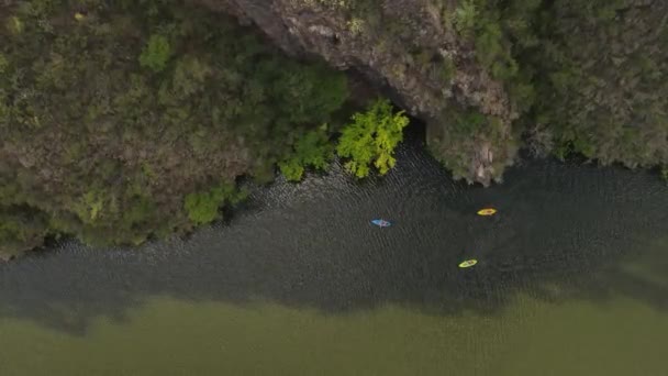 Three Colorful Kayaks Paddling Close River Banks Cordoba Argentina Aerial — ストック動画