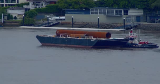 Flat Deck Construction Barge Being Used Transport Some Large Steel — Video Stock