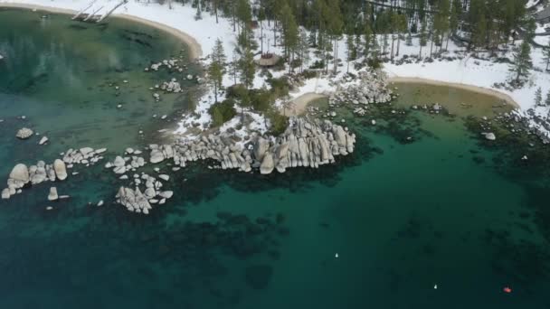 Aerial Decent Sand Harbor Lake Tahoe Water Line — Stock Video