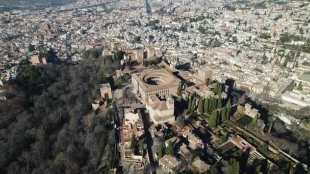 Stunning Aerial Orbit Alhambra Hilltop Palace Complex Granada Spain — стокове відео