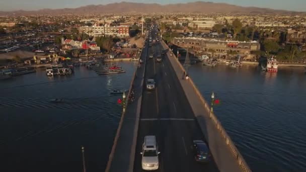 Lake Havasu London Bridge Aerial Shot Rotation Low Angle Sunset — Stock Video