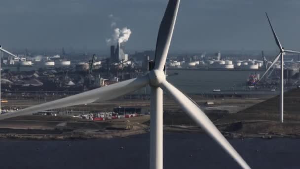 Spinning Windmills Industrial Rotterdam Container Port Backdrop Parallax — стокове відео