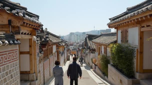 Backview Tourists Traveling Bukchon Hanok Village View Namsan Tower Seoul — ストック動画
