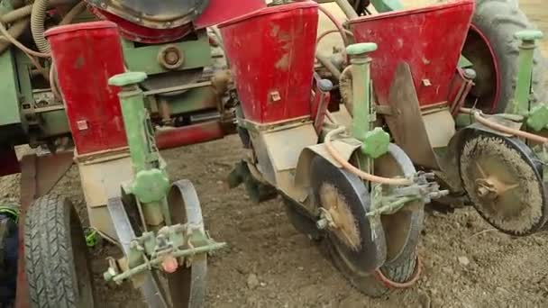 Seed Sowing Hydraulic Seed Machine Mounted Red Tractor Close Agricultural — Stock video