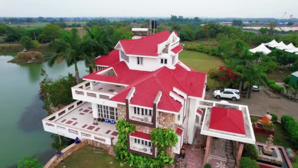 Rotating Aerial Drone View White Tropical House Brick Roof Has — Video