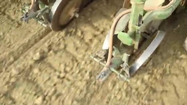 天然有机生物土壤上液压种子钻孔机的特写 农业耕作食物链供给概念 — 图库视频影像