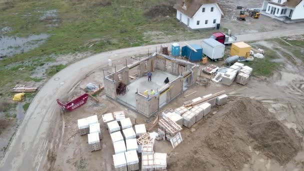 Aerial Far Rotating View Hempcrete Construction Site Prefab Blocks — Stok video