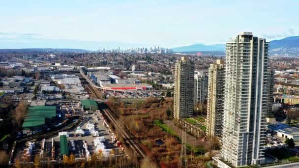 Vista Burnaby Cityscape High Rise Buildings Brentwood Town Centre Skytrain — Stockvideo