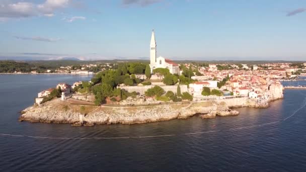 Rovinj Istria Croatia Aerial Drone View Pedestal Peninsula Church Tower — Αρχείο Βίντεο