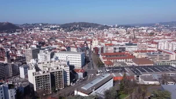 Beautiful Cityscape Saint Etienne Sunny Day Aerial Flying Forward — Wideo stockowe