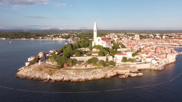 Rovinj Istria Croatia Aerial Drone View Pedestal Peninsula Church Tower — 图库视频影像