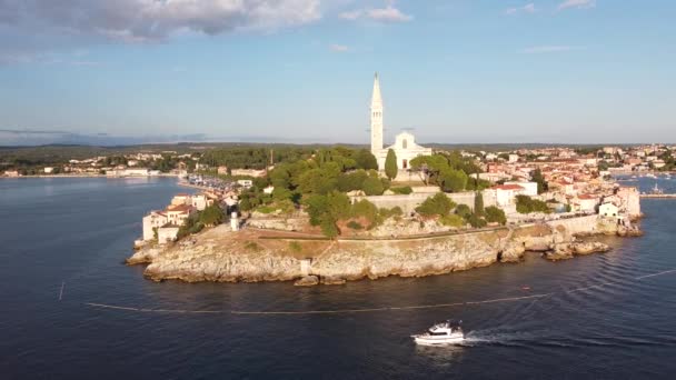 Rovinj Istria Croatia Aerial Drone View Pedestal Boat Sailing Adriatic — Stockvideo