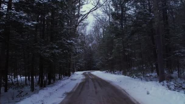 Smooth Drone Footage Beautiful Road Snowy Winter Forest Appalachian Mountains — Stockvideo