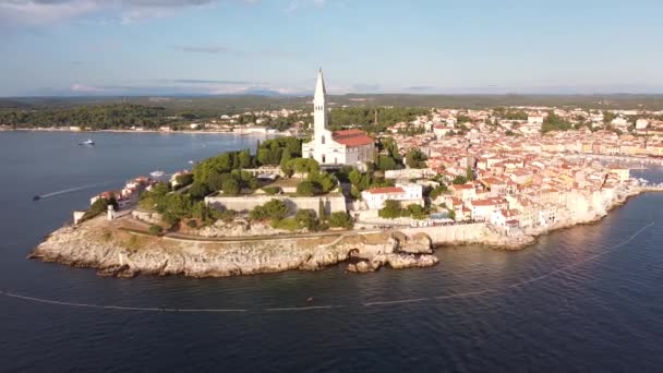 Rovinj Istria Croatia Aerial Drone View Fly Forward Peninsula Church — 图库视频影像