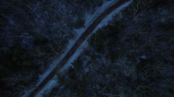 Mjuka Nattliga Drönare Bilder Vacker Väg Genom Snöig Vinterskog Appalachian — Stockvideo