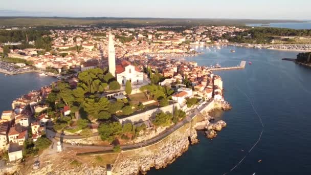 Rovinj Istria Croatia Aerial Drone View Fly Peninsula Boulevard Church — 图库视频影像