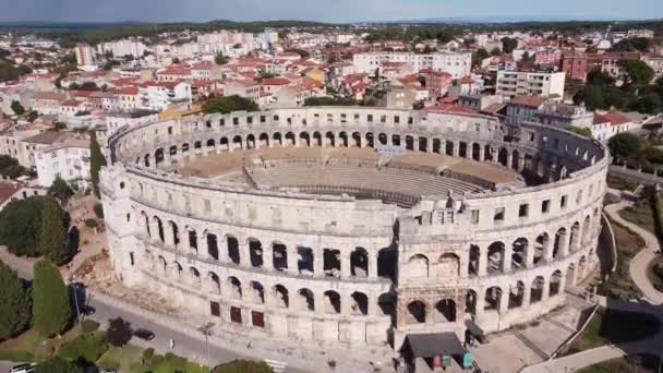 Roman Amfitheater Arena Pula Istria Croatia Aerial Drone View Pedestal — Vídeo de Stock