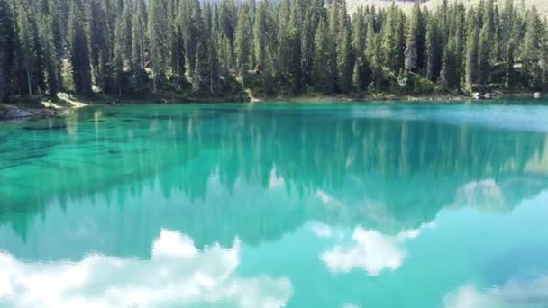 Lake Carezza Karersee Italian Alps Dolomites South Tyrol Italy Aerial — 图库视频影像