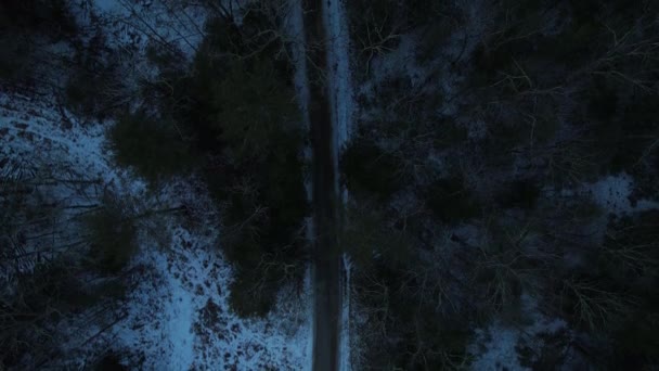 Smooth Nighttime Drone Footage Beautiful Road Snowy Winter Forest Appalachian — 비디오