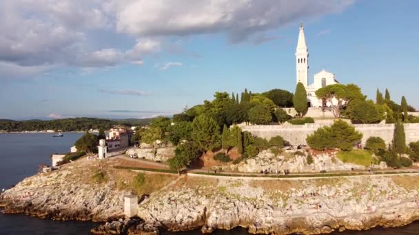Rovinj Istria Croatia Aerial Drone View Fly Back Peninsula Church — Stockvideo