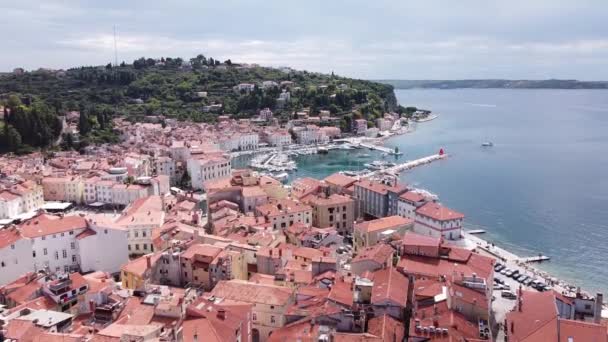 Piran Istria Eslovenia Vista Aérea Del Dron Plaza Tartini Coloridas — Vídeos de Stock