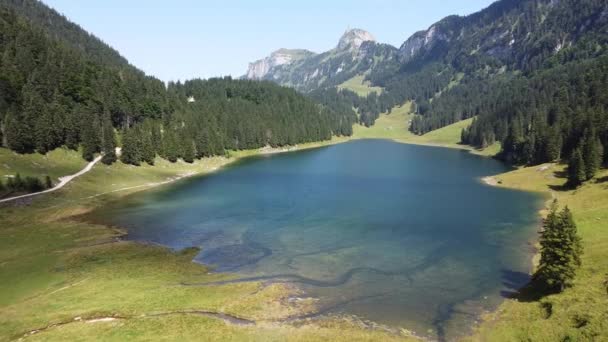 Samtisersee Appenzell สแอลป ตเซอร แลนด ดรอนว วทางอากาศของทะเลสาบภ เขาและกร ลเลย นไป — วีดีโอสต็อก
