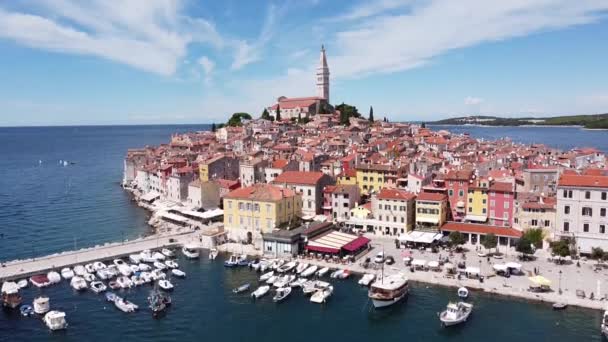 Rovinj Istria Croatia Aerial Drone View Cityscape Boulevard Port Boats — 图库视频影像