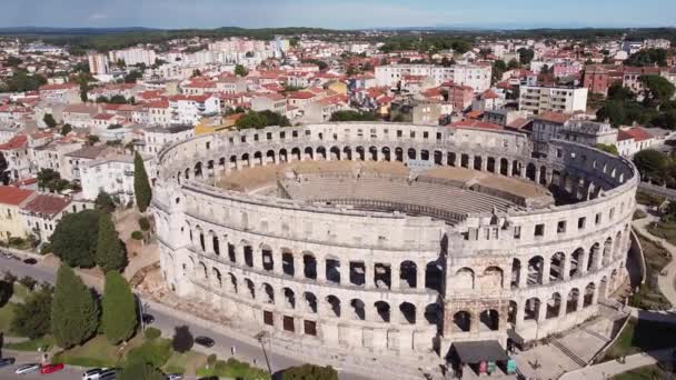 Roman Amfitheater Arena Pula Istria Kroasia Aerial Drone View Fly — Stok Video